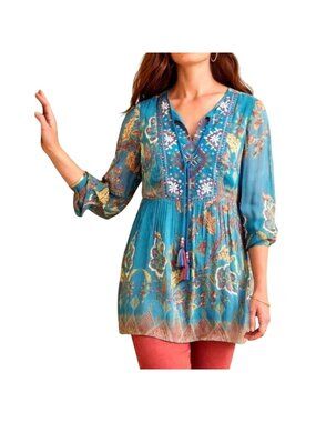 Soft Surroundings Womens Size L Mirapani Tunic Boho Floral Embroidered Blue Top